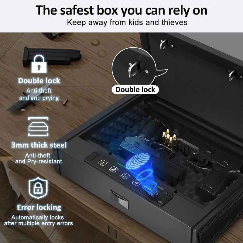 Patron [ 30% Larger capacity ]Gun Safe for Pistols, Biometric Handgun Safe box, Mounted Handgun Safe Quick Access Security Safe with Fingerprint Keypad Lock for Home nightstand - Image 2